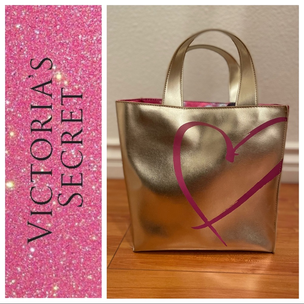 NWOT Victoria Secret Gold Leather Tote Bag with Pink Heart